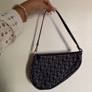 VINTAGE Dior Mini Saddle Navy Blue Trotter Canvas Fabric Bag Purse